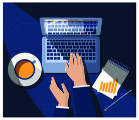 Business banner with laptop , hands, cup of cofee and finance report . Vecto eps10 illustration