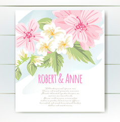 Vector delicate invitation with cute flowers for wedding, marriage, bridal, birthday, Valentine's day
