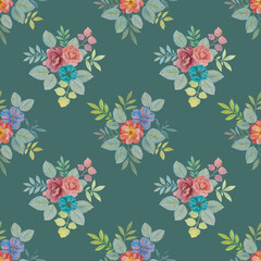 Watercolor drawing of flowers. Botanical seamless pattern on a green background. Colorful bouquets of flowers. For design, wallpaper, textile, print.