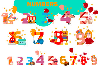 Obraz premium Birthday Anniversary Numbers with Cute characters Birthday Party Invitation Card Template