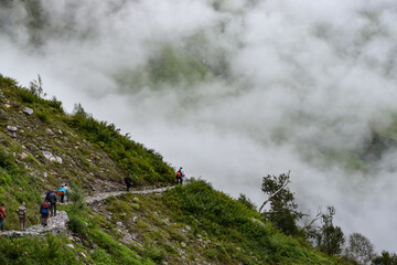 Hikers on tiny trail in green mountain valley covered in clouds on a misty and rainy morning.  Monsoon trek to Valley of Flowers National Park, Nanda devi biosphere reserve, Uttarakhand, India. © deepshikha