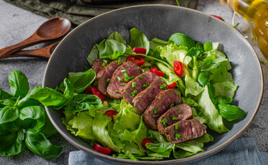 Delicious beef steak with salad