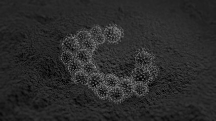 3d rendered microscopic image of a cluster of viruses shaped like the letter C
