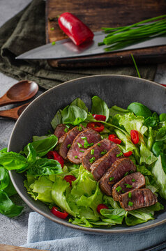 Delicious beef steak with salad