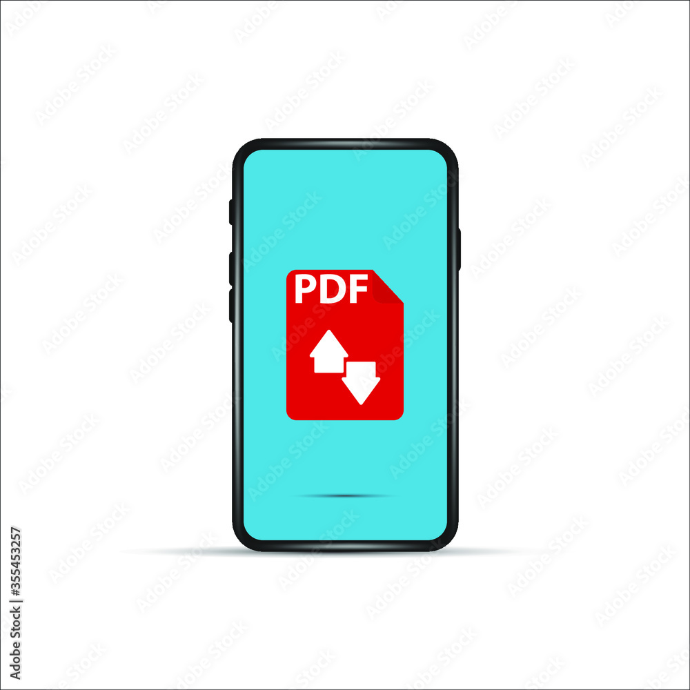 Aufkleber download pdf file by cartoon mobile phone. concept of upload files to your telephone such as docs bo