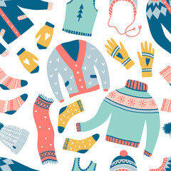 Seamless pattern with cute winter clothes