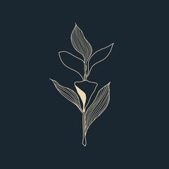 Hand drawn leaves illustration, floral line art, flower, golden, white, dark blue, modern, digital art, decor 