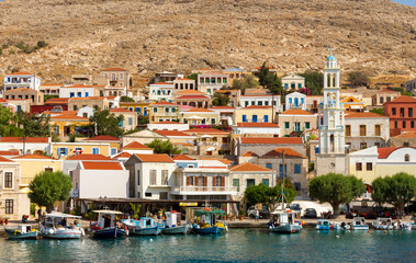The picturesque port of the island of Chalki, in Dodecanese, Greece.