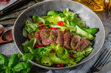 Delicious beef steak with salad