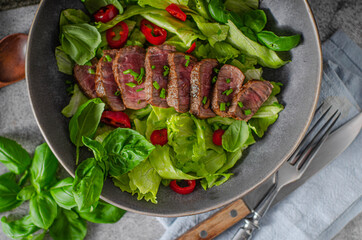 Delicious beef steak with salad