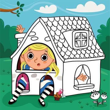 
Alice is sitting in a cute tiny house. Coloring book activity for kids. Vector illustration.
