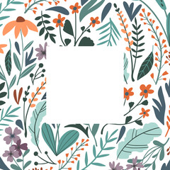 Square geometric frame with wild flowers, branch and leaves