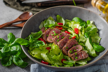 Delicious beef steak with salad
