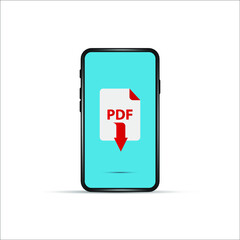 download pdf file by cartoon mobile phone. concept of upload files to your telephone such as docs books and more. flat simple style trend modern logotype graphic design isolated on white background