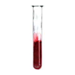 Hand drawn illustration of glass tube with blood test. Laboratory equipment for chemical or medicine testing isolated on white. Pencil sketch of scientific vessel for virus analysis.