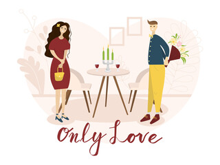 Date of a happy couple in a restaurant. Romantic meeting of man and woman in a cafe. Greeting card with text Only love. Concept of a romantic candlelight dinner in a flat style. Dating club