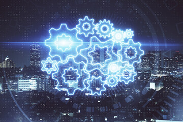 Double exposure of business theme hologram drawing and city veiw background. Concept of success.