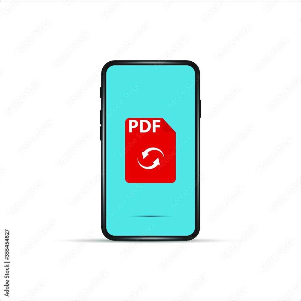 Poster download pdf file by cartoon mobile phone. concept of upload files to your telephone such as docs bo