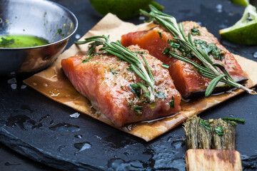 Slices of raw salmon smeared with spices and olive oil shale on a plate close-up. Preparation of fish. Salmon steak.