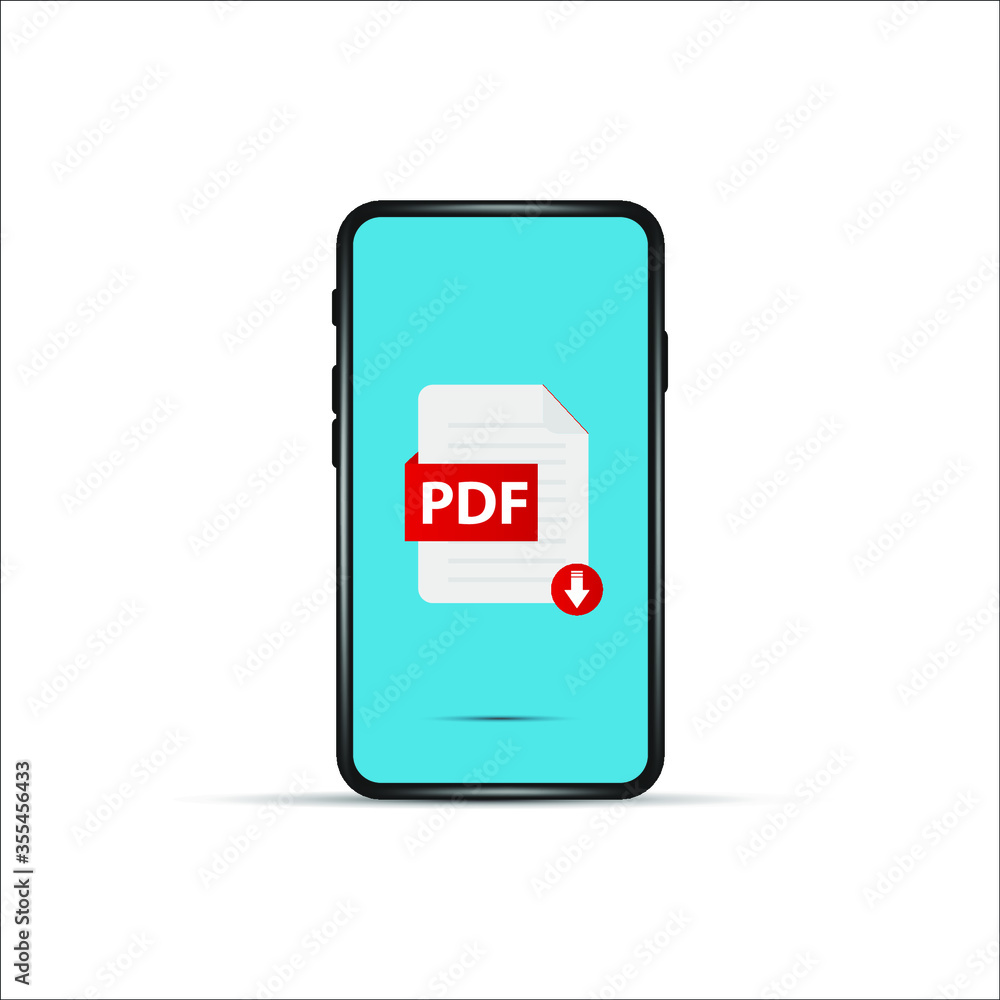Aufkleber download pdf file by cartoon mobile phone. concept of upload files to your telephone such as docs bo
