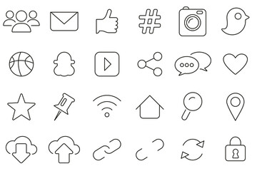 Social Media Icons Black & White Thin Line Set Big