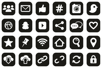 Social Media Icons White On Black Flat Design Set Big