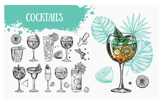Cocktail menu design template. Alcoholic cocktails hand drawn.	
