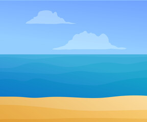Fototapeta na wymiar Beautiful ocean coastline with blue sky at sunny day. Summertime exotic beach vacation banner. Summer traveling and sea resort vector illustration with copy space. Beautiful nature seaside landscape