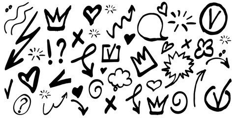 Vector doodle set of Hand drawn design elements. Arrow, check mark, signs, heart, love, speech bubble, crown, swirl, heart, on isolated white background.
