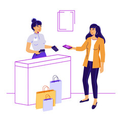 A cheerful young girl is paying at the checkout using an electronic wallet.