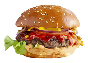 Hamburger isolated on white with salat and tomato, vector food illustration.