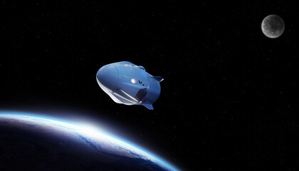Spaceship / spacecraft flying through the outer space on a space mission with earth and moon on the...
