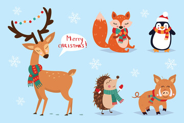 Christmas set, hand drawn style - calligraphy, animals and other elements. Vector illustration