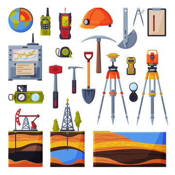 Geodesy Equipment Collection, Geodetic Engineering or Construction Instruments and Devices Flat Style Vector Illustration