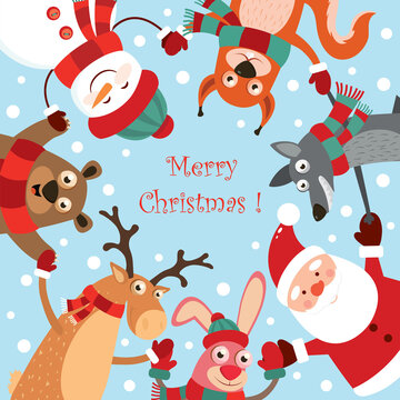 Christmas collection with cute animals in the dance: a hare, deer, bear, snowman, squirrel, wolf, Santa Claus. Greeting card. Vector.