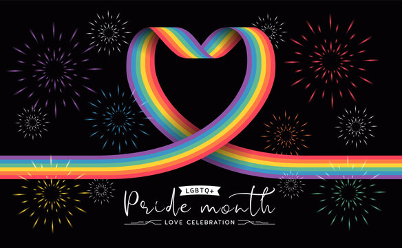 LGBTQ pride month banner with rainbow heart ribbon sign and firework on black background vector design