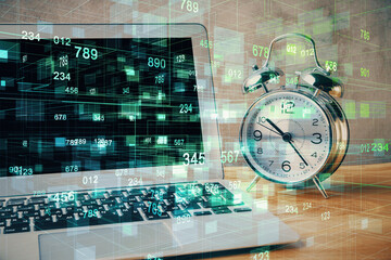 Double exposure of desktop with computer on background and tech theme drawing. Concept of big data.