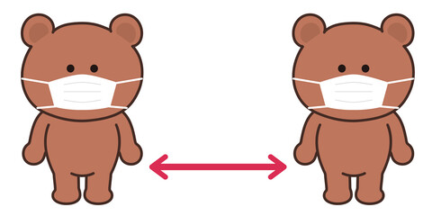 Bear character wearing a surgical or medical face mask. They maintain social distancing to prevent from coronavirus spreading. Vector illustration isolated on white background.