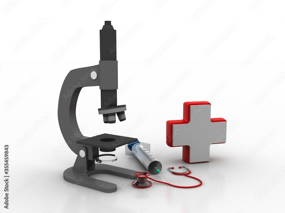 Poster 3d rendering virus testing microscope with syringe and stethoscope
