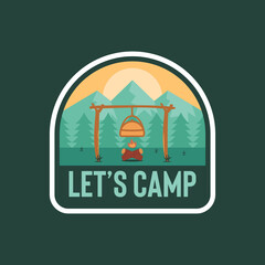 Camping Bonfire Outdoor Adventure Badges Patch Sticker Emblem Mountain Camp Illustration