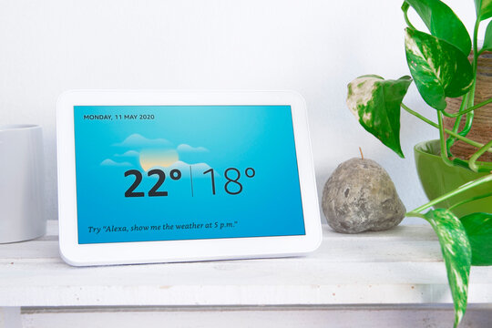 BARCELONA, MAY 11, 2020: white Amazon Alexa Echo Show 8 in a living room on May 11, 2020 in Barcelona