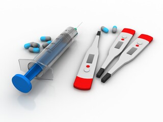 3d rendering Electrical thermometer with Syringe and pill