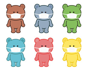 Set of colorful bears wearing a surgical or medical face mask. Vector illustration isolated on white background.