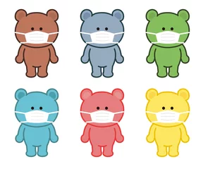 Fotobehang Set of colorful bears wearing a surgical or medical face mask. Vector illustration isolated on white background. © mikenoki