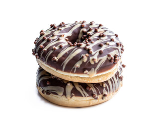 Doughnuts covered with chocolate and caramel icing isolated on white