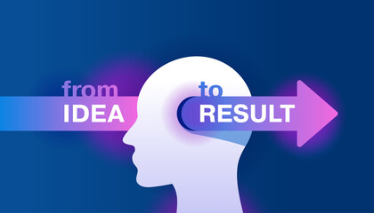 From idea to result concept - arrow passing through human head with gear shaped brain - visual for brainstorm, creativity, psychology, education, learning