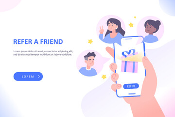 Referral marketing or affiliate marketing concept. Hand holding smartphone, invites friends to refer a friend loyalty program to win online reward, prize or gift box on screen, vector illustration