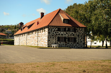 Historic building in Stavern, Norway. Horizontal photo with copy space. Sunny day.