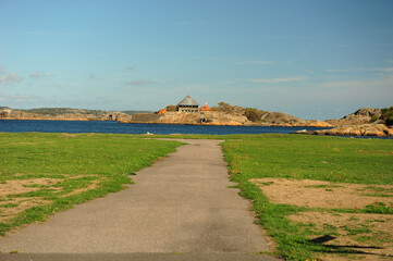 Citadel island in Stavern, Vestfold, Norway. Horizontal photo on a clear summer day.  Copy space.