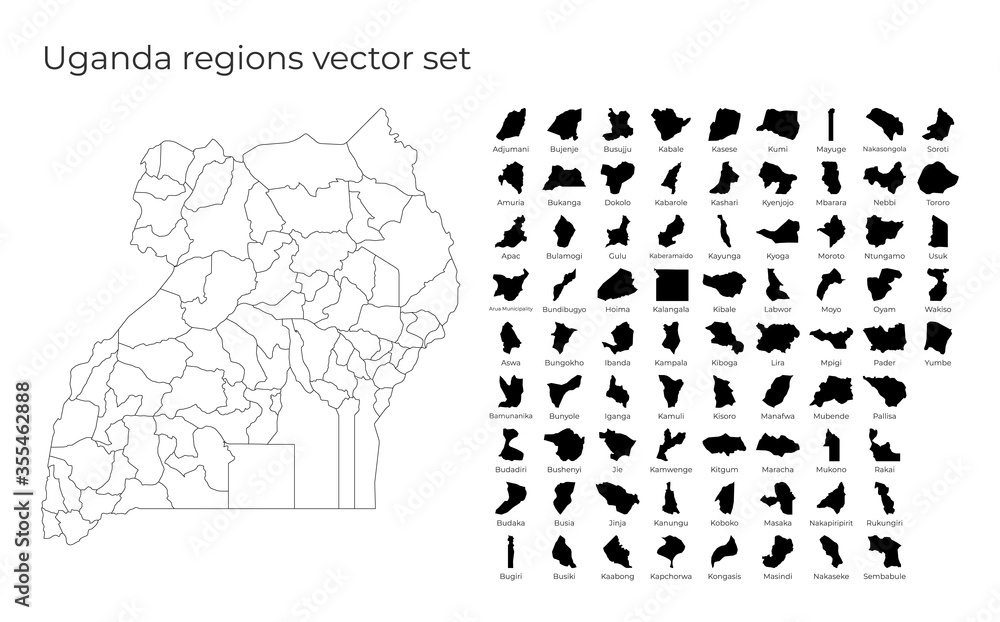 Poster uganda map with shapes of regions. blank vector map of the country with regions. borders of the coun